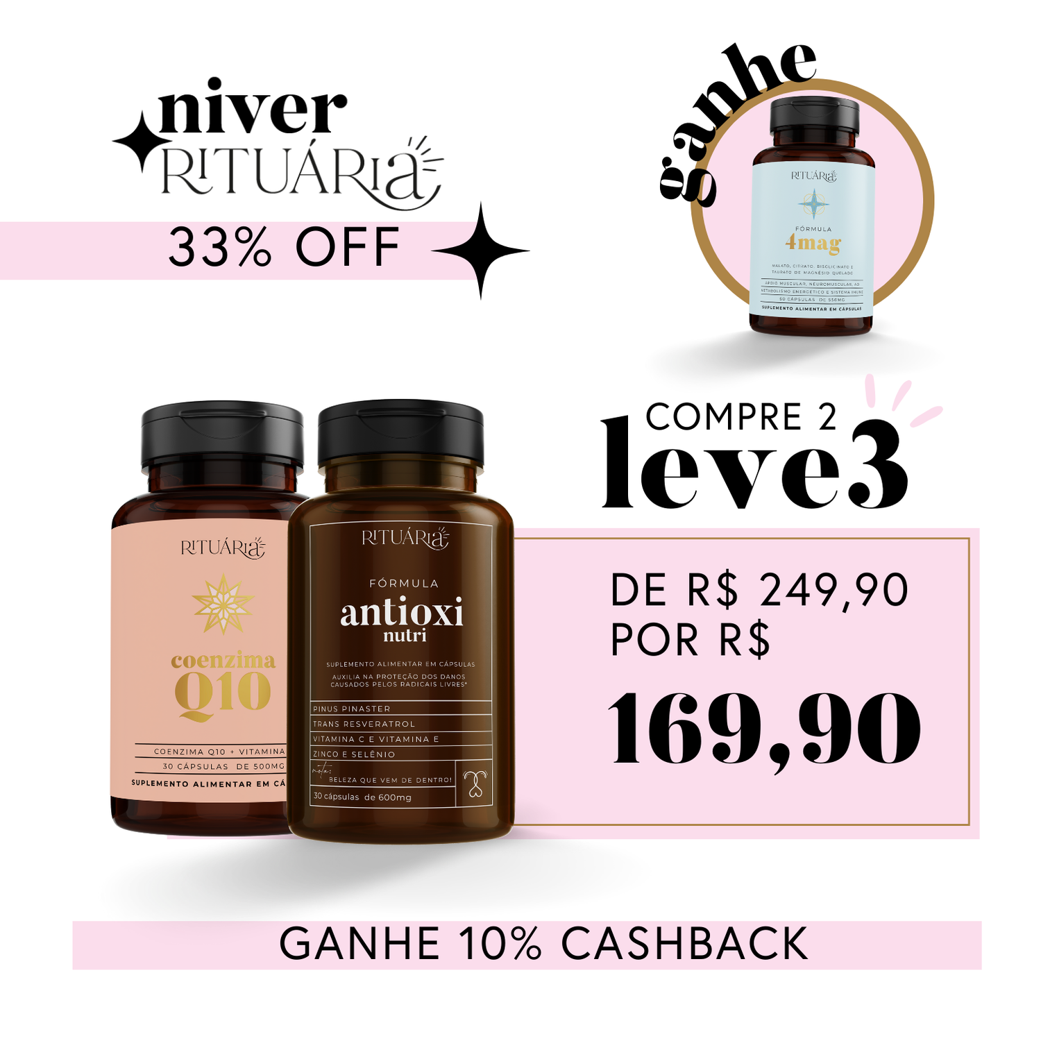 KIT Coenzima Q10 + Antioxi Nutri 30 Caps + Fórmula 4Mag